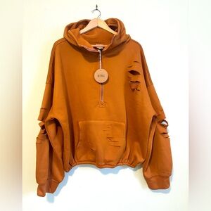 BiBi Distressed Half-Zip Hoodie – Harvest Orange – Size XL NWT
